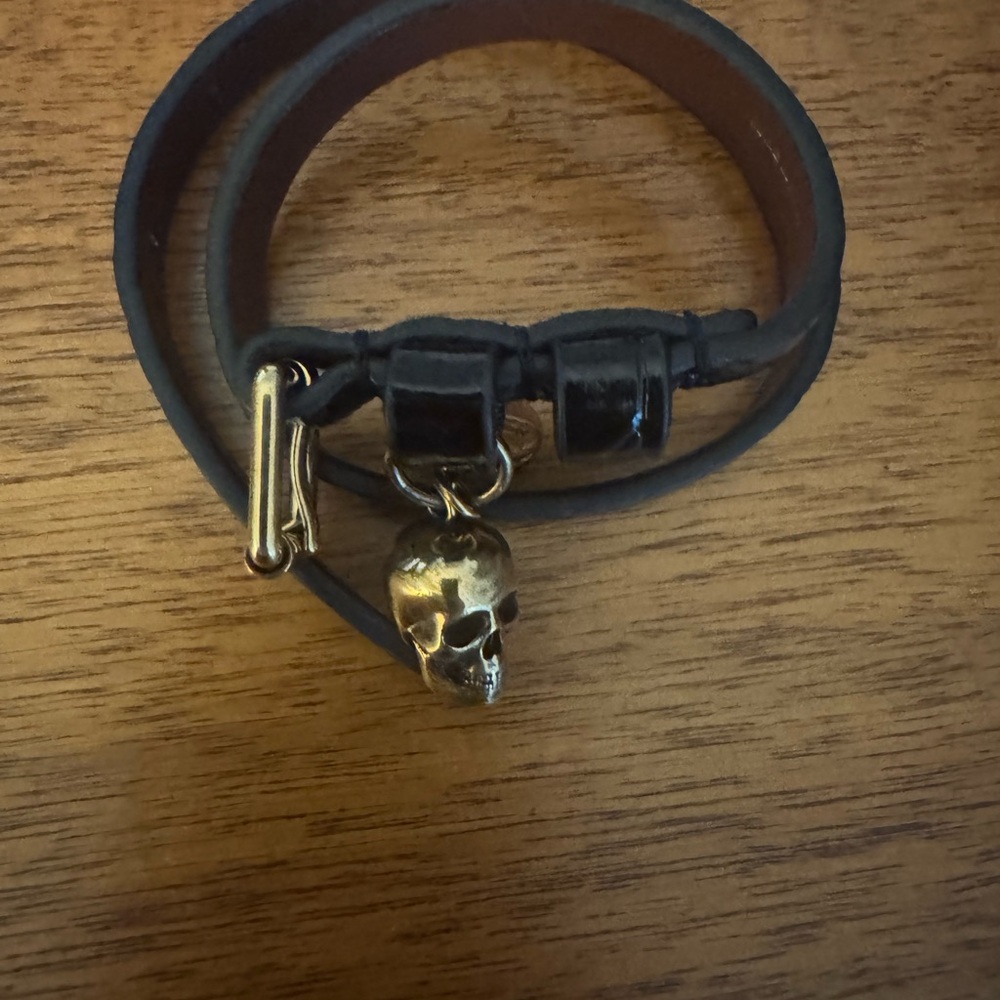 Alexander McQueen Black and Gold Skull wrap Bracelet , croc black leather band